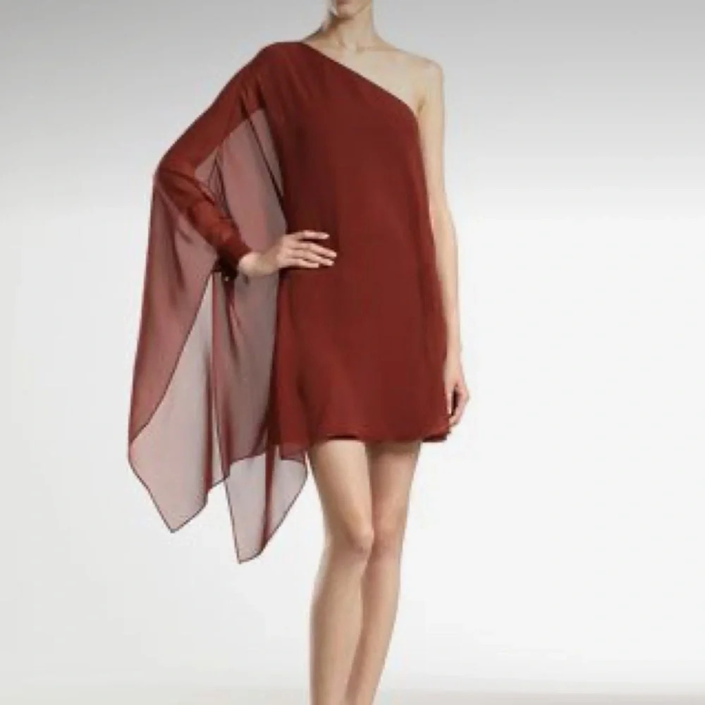 JayGodfrey Burgundy Silk One Shoulder Drape Frayed Mini Dress
